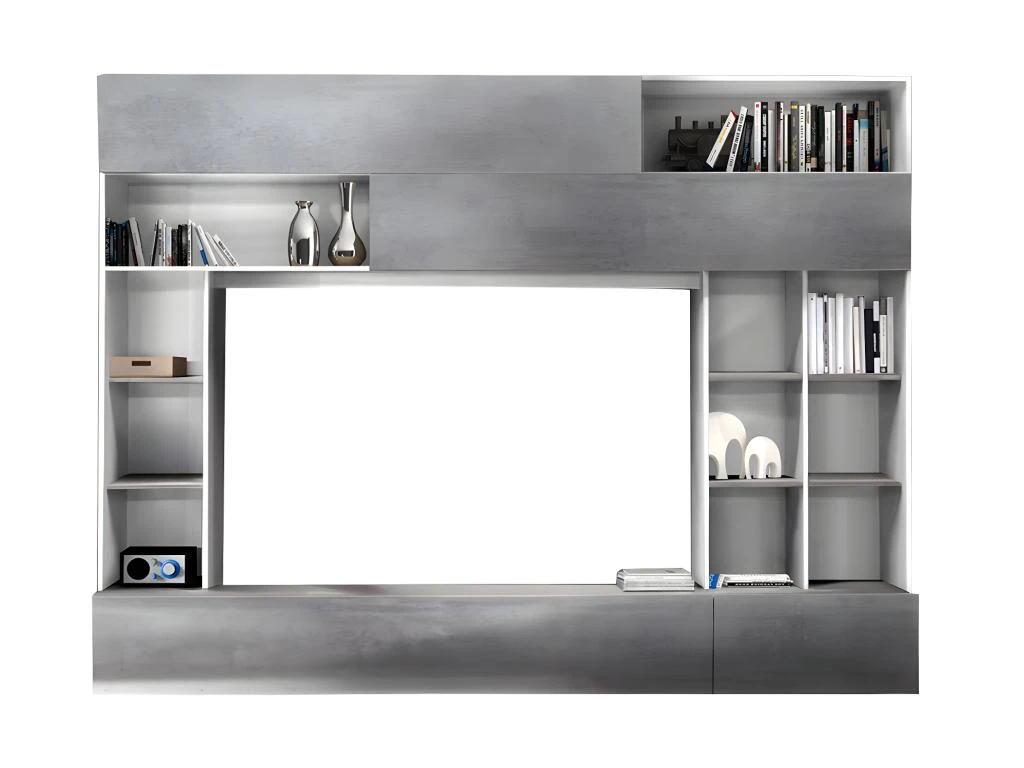 Mur TV MAJORIS Avec Rangements - Coloris : Blanc Laqué Et Béton 6 Mur TV MAJORIS Avec Rangements - Coloris : Blanc Laqué Et Béton – Image 4