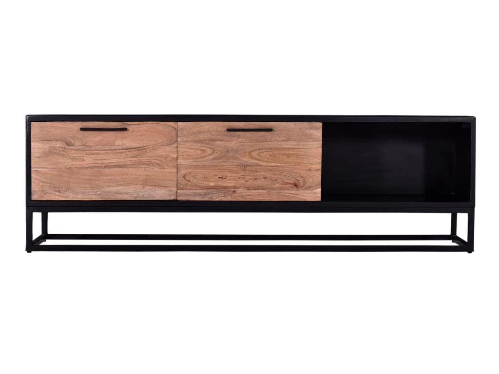 Meuble TV Avec 2 Tiroirs Et 1 Niche En Bois D'acacia Et Métal - Naturel Foncé Et Noir - ALYONA 7 Meuble TV Avec 2 Tiroirs Et 1 Niche En Bois D'acacia Et Métal - Naturel Foncé Et Noir - ALYONA – Image 5