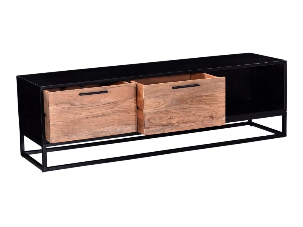 Meuble TV Avec 2 Tiroirs Et 1 Niche En Bois D'acacia Et Métal - Naturel Foncé Et Noir - ALYONA 6 Meuble TV Avec 2 Tiroirs Et 1 Niche En Bois D'acacia Et Métal - Naturel Foncé Et Noir - ALYONA – Image 4