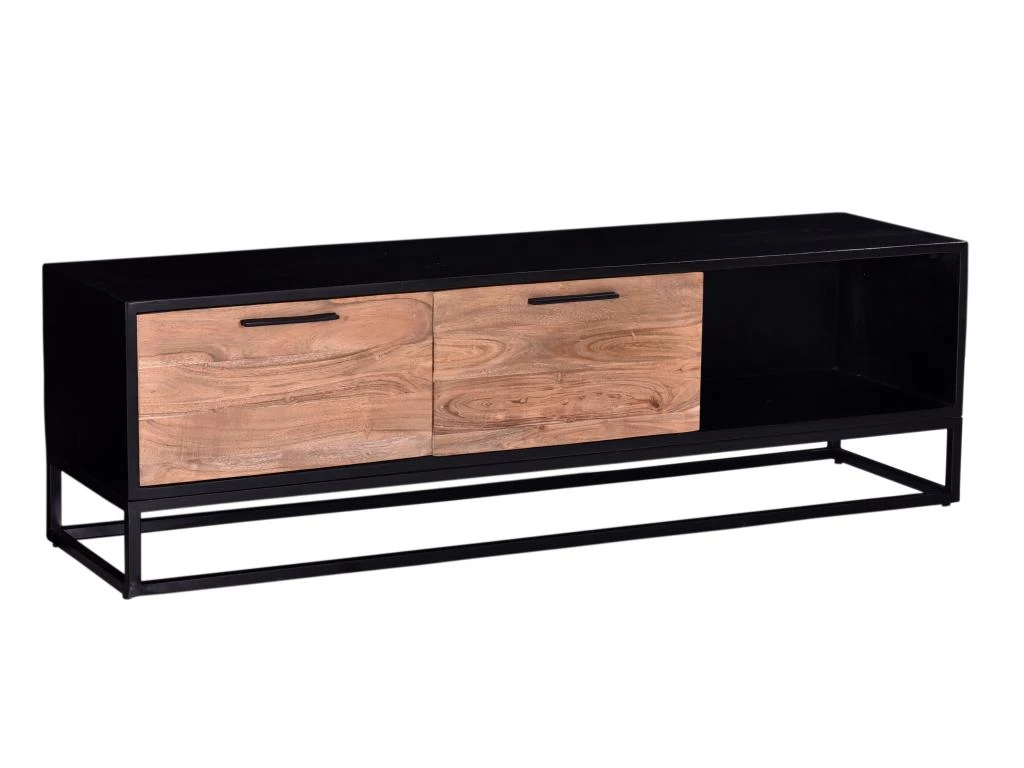 Meuble TV Avec 2 Tiroirs Et 1 Niche En Bois D'acacia Et Métal - Naturel Foncé Et Noir - ALYONA 5 Meuble TV Avec 2 Tiroirs Et 1 Niche En Bois D'acacia Et Métal - Naturel Foncé Et Noir - ALYONA – Image 3