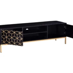 Meuble TV Avec 2 Portes Et 1 étagère En Bois De Manguier Et Métal - Noir Et Doré - ANALIMY -Pas Cher Mobiliora Magasin meuble tv 16582457