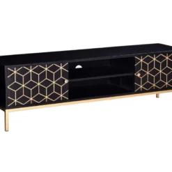 Meuble TV Avec 2 Portes Et 1 étagère En Bois De Manguier Et Métal - Noir Et Doré - ANALIMY -Pas Cher Mobiliora Magasin meuble tv 16582459