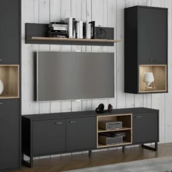 Meuble TV Décor Noir Et Chêne Clair Avec Poignées Métal Noir - BAILEY 8 Meuble TV Décor Noir Et Chêne Clair Avec Poignées Métal Noir - BAILEY -Pas Cher Mobiliora Magasin meuble tv 17569029