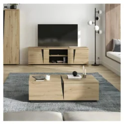 Meuble TV 2 Portes 2 Niches Chêne Naturel/Noir - LIGNAC -Pas Cher Mobiliora Magasin meuble tv 17629549