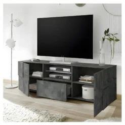 Meuble TV 2 Portes 1 Tiroir Béton Ciré Foncé - TICATO -Pas Cher Mobiliora Magasin meuble tv 17629719