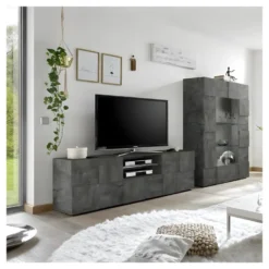 Meuble TV 2 Portes 1 Tiroir Béton Ciré Foncé - TICATO -Pas Cher Mobiliora Magasin meuble tv 17629721