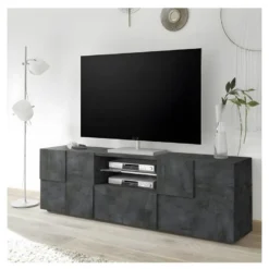 Meuble TV 2 Portes 1 Tiroir Béton Ciré Foncé - TICATO -Pas Cher Mobiliora Magasin meuble tv 17629725