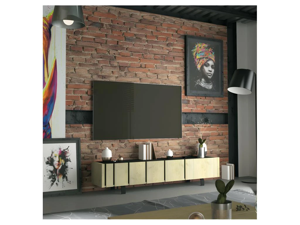 Meuble TV 3 Portes Chêne Clair/Ardoise - FOREST 4 Meuble TV 3 Portes Chêne Clair/Ardoise - FOREST – Image 2