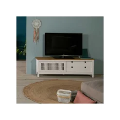 Meuble TV 1 Porte Coulissante 2 Tiroirs Bois/Blanc - BRANU -Pas Cher Mobiliora Magasin meuble tv 17630161