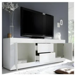 Meuble TV 2 Portes 2 Tiroirs Blanc Laqué Brillant - MATERA -Pas Cher Mobiliora Magasin meuble tv 17630269