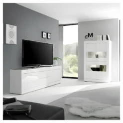 Meuble TV 2 Portes 2 Tiroirs Blanc Laqué Brillant - MATERA -Pas Cher Mobiliora Magasin meuble tv 17630273