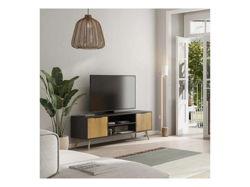 Meuble TV 2 Portes 2 Niches Noir/Bois - PIGMENT 3 Meuble TV 2 Portes 2 Niches Noir/Bois - PIGMENT