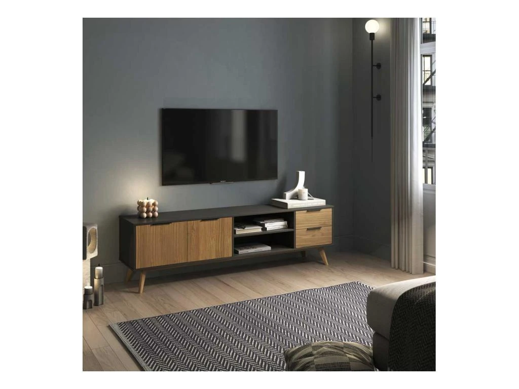 Meuble TV 2 Portes 2 Niches 2 Tiroirs Noir/Bois - PIGMENT 3 Meuble TV 2 Portes 2 Niches 2 Tiroirs Noir/Bois - PIGMENT