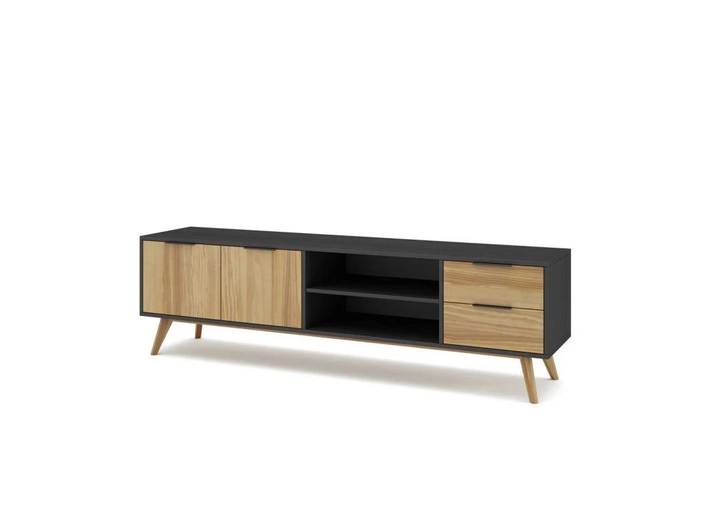 Meuble TV 2 Portes 2 Niches 2 Tiroirs Noir/Bois - PIGMENT 4 Meuble TV 2 Portes 2 Niches 2 Tiroirs Noir/Bois - PIGMENT â Image 2