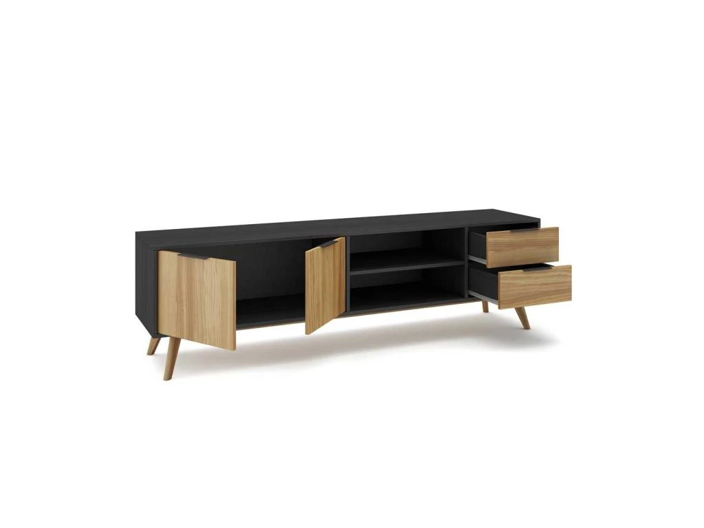 Meuble TV 2 Portes 2 Niches 2 Tiroirs Noir/Bois - PIGMENT 5 Meuble TV 2 Portes 2 Niches 2 Tiroirs Noir/Bois - PIGMENT â Image 3