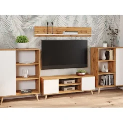 Meuble TV Focus Chêne Doré - Blanc, Pieds Bois, Style Scandinave -Pas Cher Mobiliora Magasin meuble tv 18315781