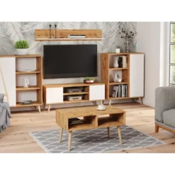 Meuble TV Focus Chêne Doré - Blanc, Pieds Bois, Style Scandinave -Pas Cher Mobiliora Magasin meuble tv 18315783