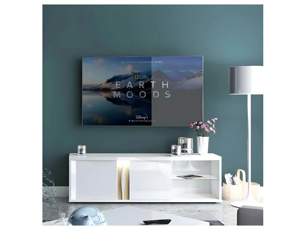 Meuble TV 2 Portes 2 Niches Blanc Laqué/ Chêne Doré - STAIN 3 Meuble TV 2 Portes 2 Niches Blanc Laqué/ Chêne Doré - STAIN