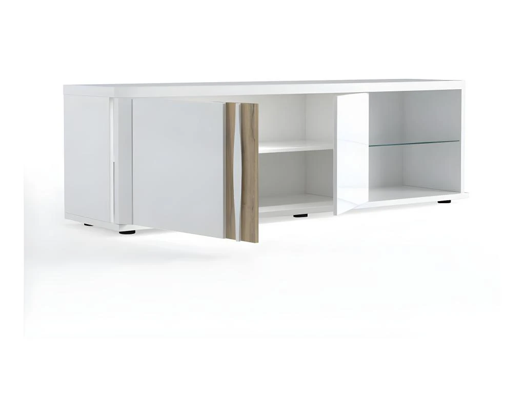 Meuble TV 2 Portes 2 Niches Blanc Laqué/ Chêne Doré - STAIN 4 Meuble TV 2 Portes 2 Niches Blanc Laqué/ Chêne Doré - STAIN – Image 2