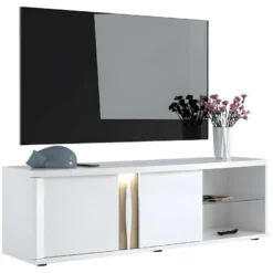 Meuble TV 2 Portes 2 Niches Blanc Laqué/ Chêne Doré - STAIN 8 Meuble TV 2 Portes 2 Niches Blanc Laqué/ Chêne Doré - STAIN -Pas Cher Mobiliora Magasin meuble tv 18316815