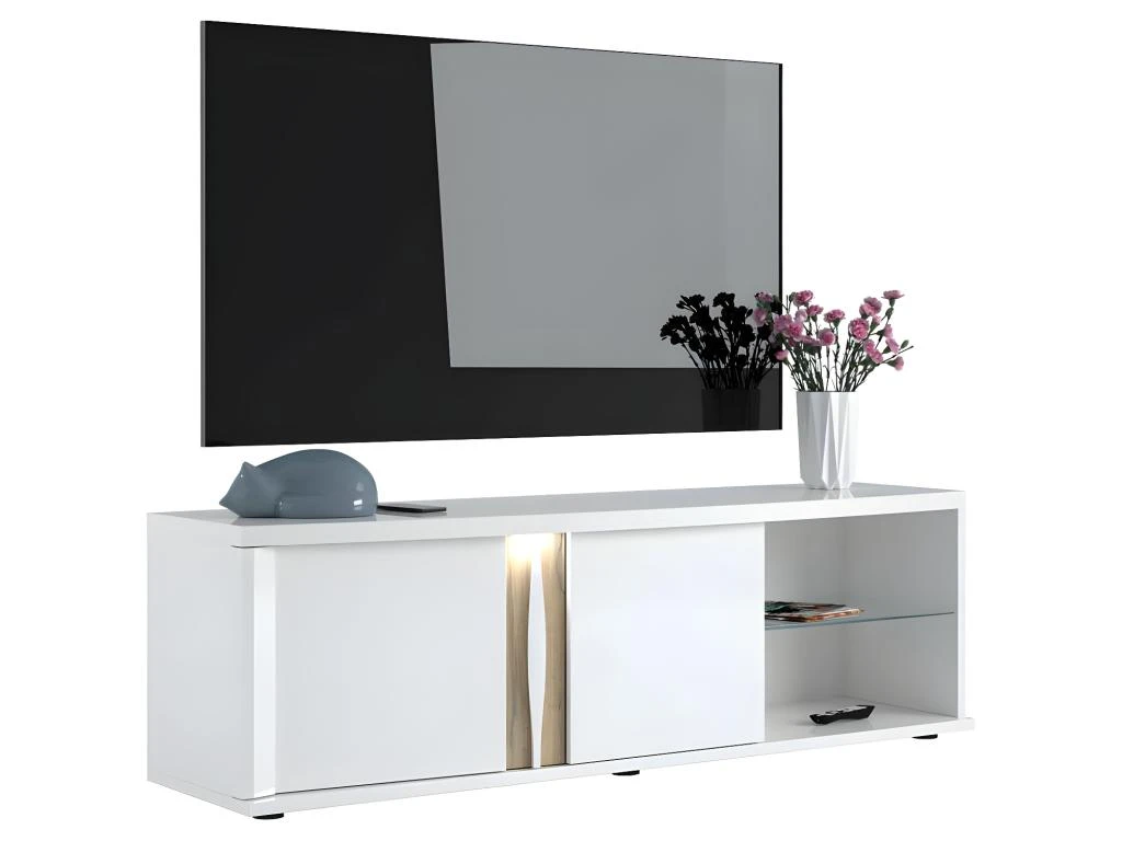 Meuble TV 2 Portes 2 Niches Blanc Laqué/ Chêne Doré - STAIN 5 Meuble TV 2 Portes 2 Niches Blanc Laqué/ Chêne Doré - STAIN – Image 3