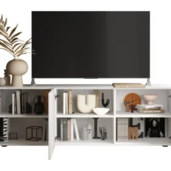 Meuble TV Avec 3 Portes - Blanc Et Naturel Clair - CAYNO -Pas Cher Mobiliora Magasin meuble tv 18343003