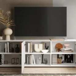 Meuble TV Avec 3 Portes - Blanc Et Naturel Clair - CAYNO -Pas Cher Mobiliora Magasin meuble tv 18343019