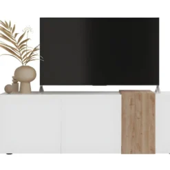 Meuble TV Avec 3 Portes - Blanc Et Naturel Clair - CAYNO -Pas Cher Mobiliora Magasin meuble tv 18343021