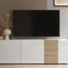 Meuble TV Avec 3 Portes - Blanc Et Naturel Clair - CAYNO -Pas Cher Mobiliora Magasin meuble tv 18343033