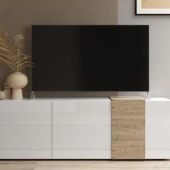 Meuble TV Avec 3 Portes - Blanc Et Naturel Clair - CAYNO