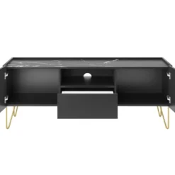 Meuble TV Avec 2 Portes, 1 Tiroir Et 1 Niche - Noir, Effet Marbre Noir Et Doré - PIOLUN De Pascal MORABITO -Pas Cher Mobiliora Magasin meuble tv 18803869