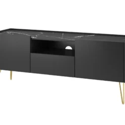 Meuble TV Avec 2 Portes, 1 Tiroir Et 1 Niche - Noir, Effet Marbre Noir Et Doré - PIOLUN De Pascal MORABITO -Pas Cher Mobiliora Magasin meuble tv 18803871