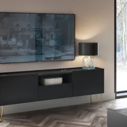 Meuble TV Avec 2 Portes, 1 Tiroir Et 1 Niche - Noir, Effet Marbre Noir Et Doré - PIOLUN De Pascal MORABITO -Pas Cher Mobiliora Magasin meuble tv 18803875