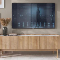 Meuble TV Avec 3 Portes - Naturel Clair Et Effet Marbre Blanc - SITOLI -Pas Cher Mobiliora Magasin meuble tv 18812493