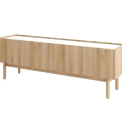 Meuble TV Avec 3 Portes - Naturel Clair Et Effet Marbre Blanc - SITOLI -Pas Cher Mobiliora Magasin meuble tv 18812495