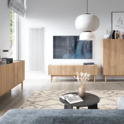 Meuble TV Avec 3 Portes - Naturel Clair Et Effet Marbre Blanc - SITOLI -Pas Cher Mobiliora Magasin meuble tv 18812499