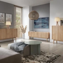 Meuble TV Avec 3 Portes - Naturel Clair Et Effet Marbre Blanc - SITOLI -Pas Cher Mobiliora Magasin meuble tv 18812501