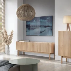 Meuble TV Avec 3 Portes - Naturel Clair Et Effet Marbre Blanc - SITOLI -Pas Cher Mobiliora Magasin meuble tv 18812503