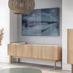 Meuble TV Avec 3 Portes - Naturel Clair Et Effet Marbre Blanc - SITOLI -Pas Cher Mobiliora Magasin meuble tv 18812507