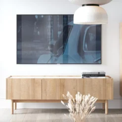 Meuble TV Avec 3 Portes - Naturel Clair Et Effet Marbre Blanc - SITOLI -Pas Cher Mobiliora Magasin meuble tv 18812509