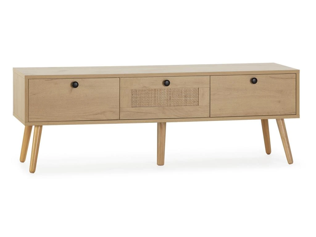Meuble TV Bella 3 Portes Couleur Chêne Avec Rotin Naturel 3 Meuble TV Bella 3 Portes Couleur Chêne Avec Rotin Naturel