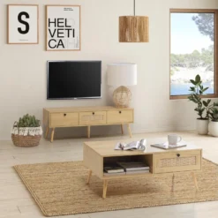 Meuble TV Bella 3 Portes Couleur Chêne Avec Rotin Naturel 14 Meuble TV Bella 3 Portes Couleur Chêne Avec Rotin Naturel -Pas Cher Mobiliora Magasin meuble tv 18851729