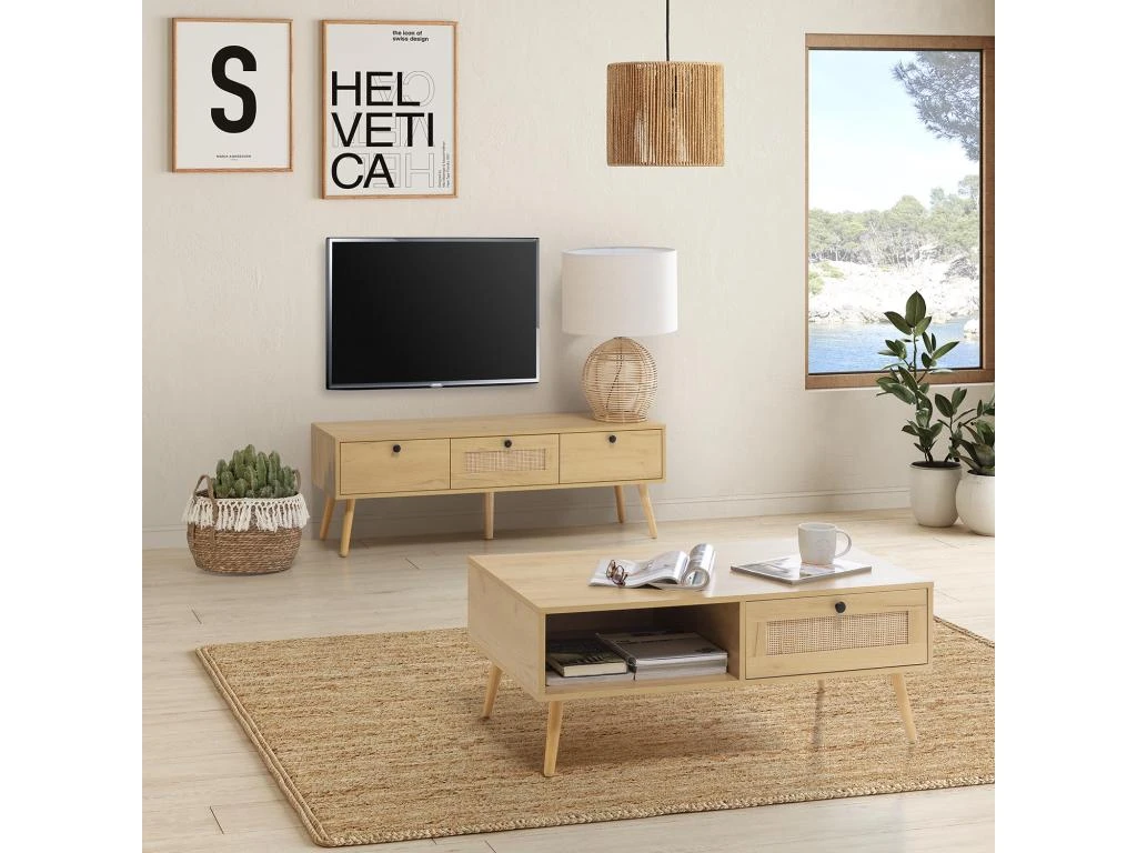 Meuble TV Bella 3 Portes Couleur Chêne Avec Rotin Naturel 8 Meuble TV Bella 3 Portes Couleur Chêne Avec Rotin Naturel – Image 6