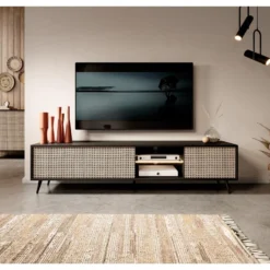 Meuble TV - 175 Cm - Motif Du Tressage Viennois, Pieds Noirs - Bello