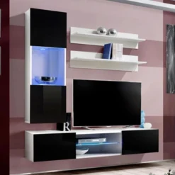 Meuble TV Mural Design "Fly XX" 160cm Noir & Blanc