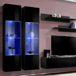 Meuble TV Mural Design "Fly III" 310cm Noir -Pas Cher Mobiliora Magasin meuble tv 19714521