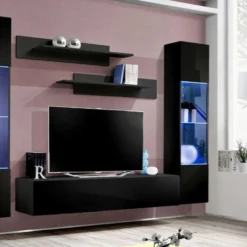 Meuble TV Mural Design "Fly III" 310cm Noir -Pas Cher Mobiliora Magasin meuble tv 19714523