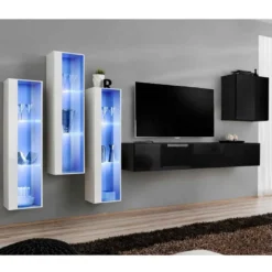 Meuble TV Mural Design "Switch XIII" 330cm Noir & Blanc