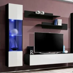 Meuble TV Mural Design "Fly III" 260cm Blanc & Noir -Pas Cher Mobiliora Magasin meuble tv 19714655