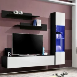Meuble TV Mural Design "Fly III" 260cm Blanc & Noir -Pas Cher Mobiliora Magasin meuble tv 19714657